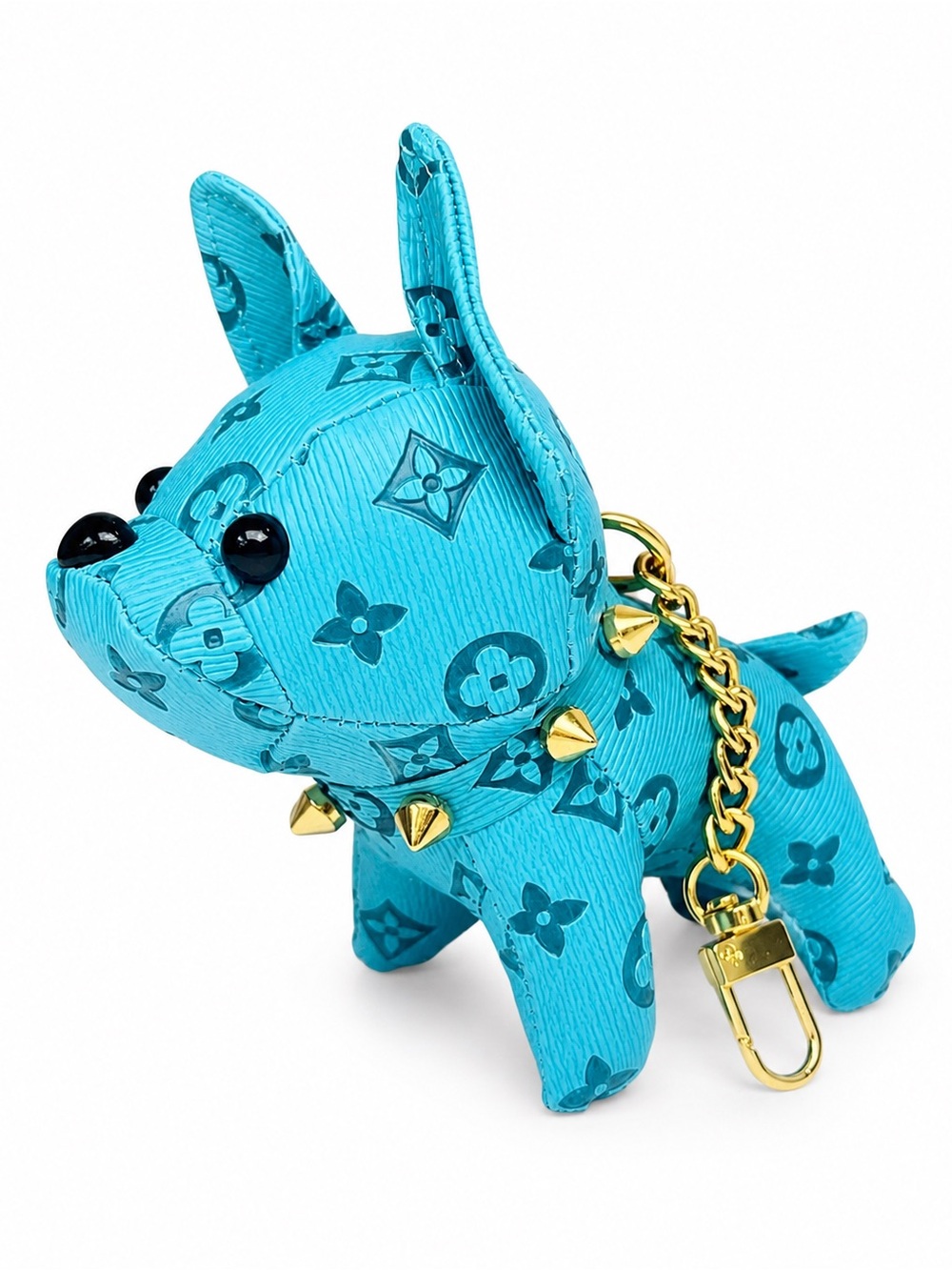 Designer-Inspired Turquoise Dog Keychain Bag Charm with Gold Chain